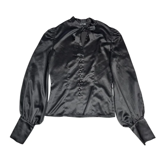 Sexy, elegant and Feminine Tom Ford Black Satin Blouse with bow, Sz XXS - Picture 2 of 11